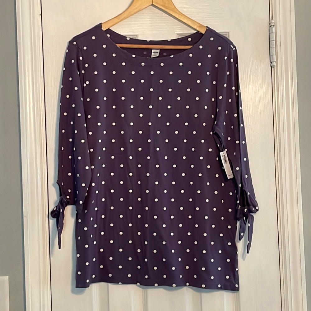 NWT LARGE old navy blue and white polka dot 3/4 tie sleeve